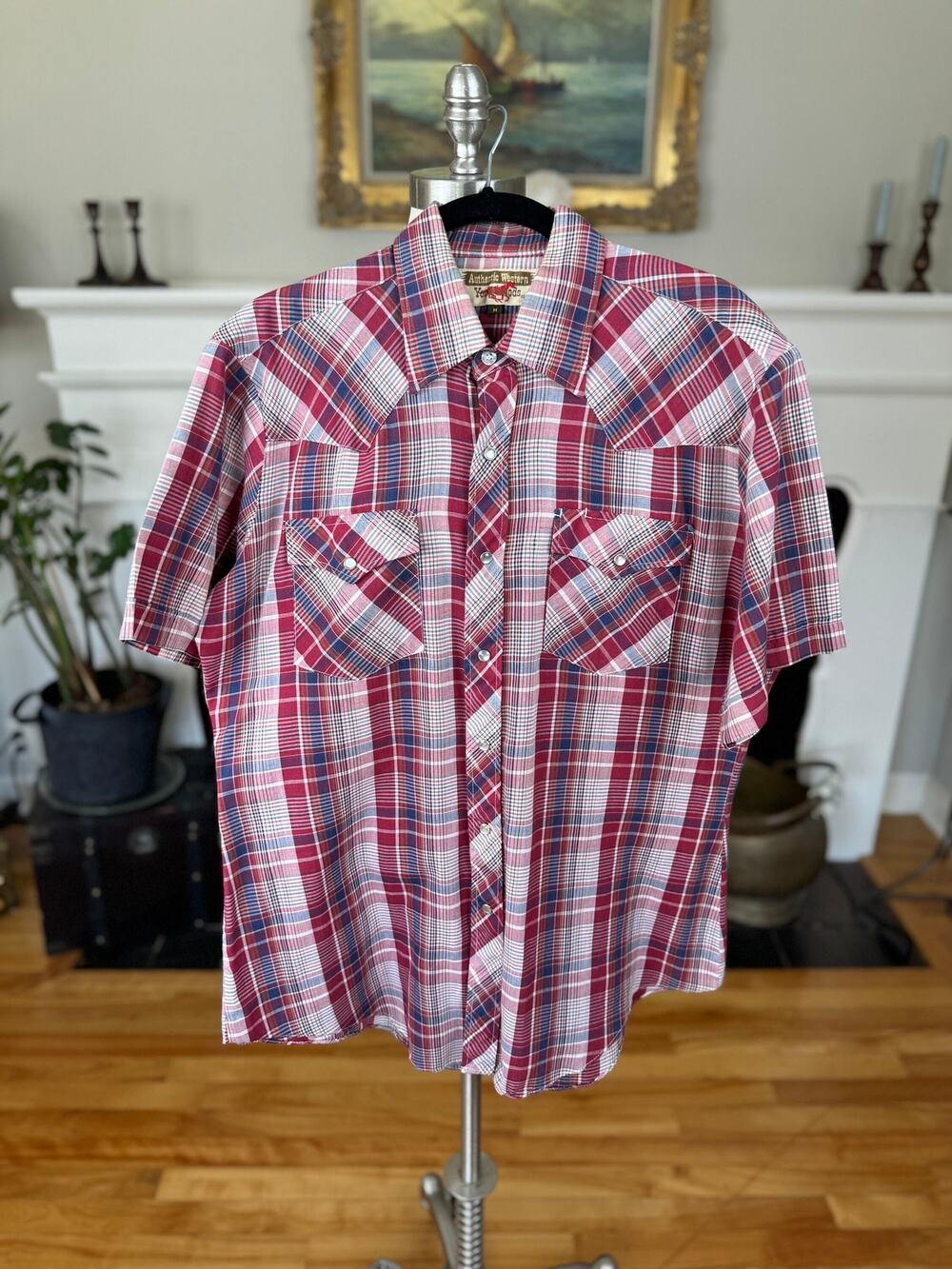 Vintage 90s Western Shirt, Youngbloods, Short Sleeve Snaps, Red White Blue Plaid